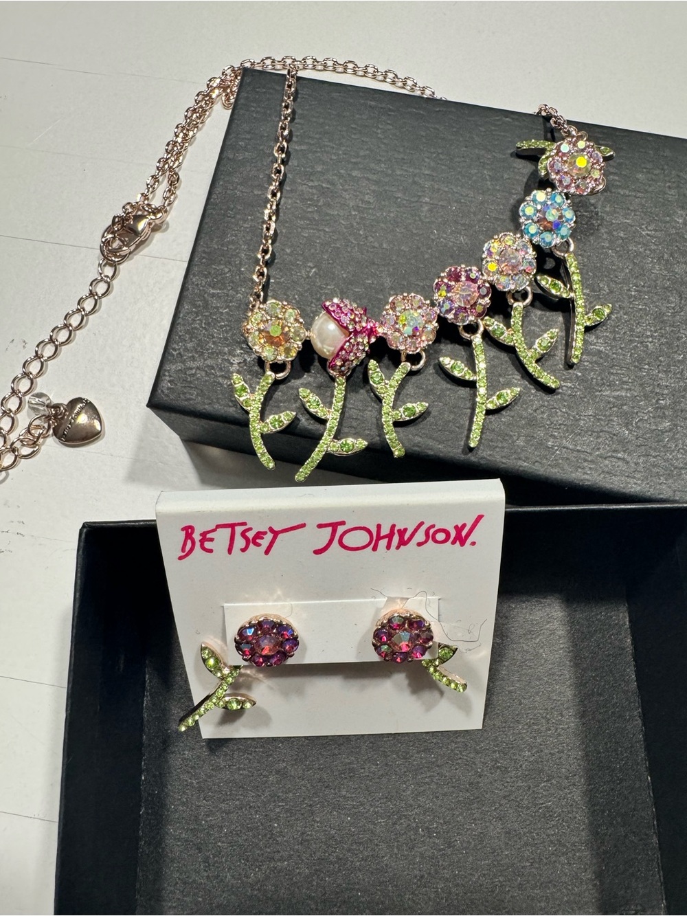Betsey Johnson Pink & Multicolor Floral Crystal Necklace and Earrings Set
